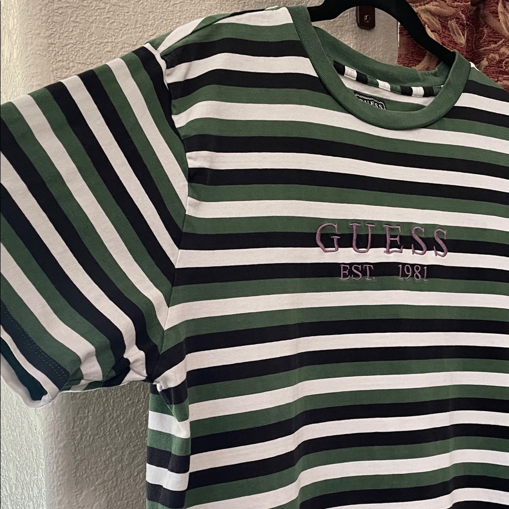 Guess Green and Black Striped Tee with a touch of Pink embroidery size Medium
